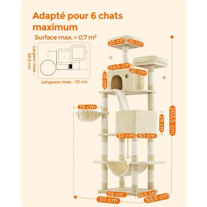 Cat Tree, 203.5 cm High, with 13 Scratching Posts, 2 Platforms, 2 Caves, Basket, Multi-Level Indoor Cat Tree, Beige