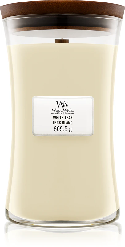 Vela perfumada Woodwick White Teak com pavio de madeira