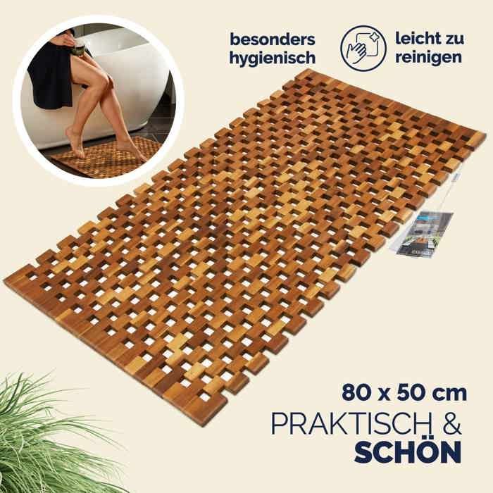 Tapis de salle de bain - tapis de sol antidérapant en bois d'acacia - 80 x 50 cm
