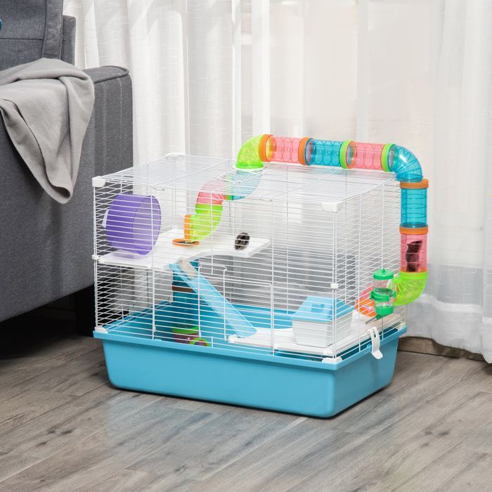 PawHut Hamsterkäfig – Nagerkäfig mit 3 Ebenen, Tunnel, Wasserflasche, Laufrad und kleinem Häuschen – Kunststoff – 59 x 36 x 47 cm
