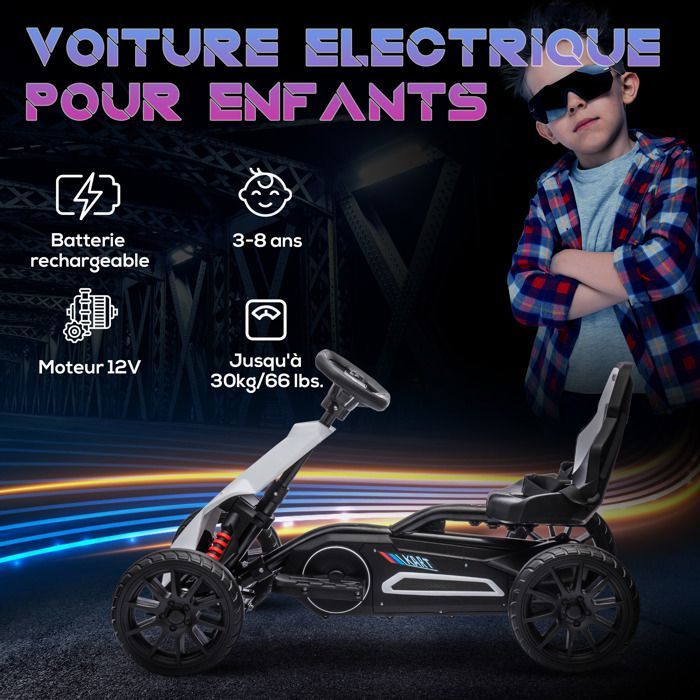 Go-kart eléctrico HOMCOM de 12 V para niños - Velocidad ajustable de 3 a 5 km/h para niños de 3 a 8 años - Asiento ajustable - Blanco