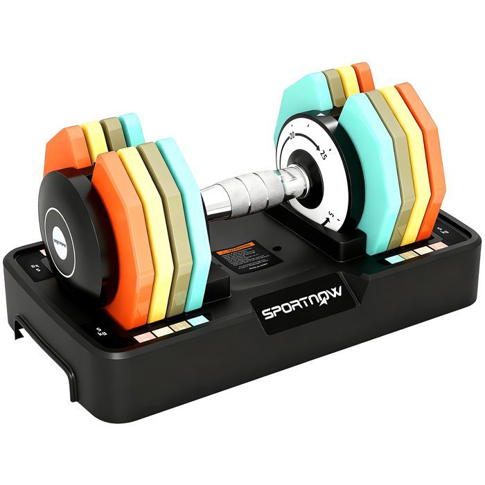 SPORTNOW Verstelbare Halter - 5-25 kg - met opbergvoet, 5 gewichtsniveaus, antislip handgreep, achthoekige gewichtsschijven