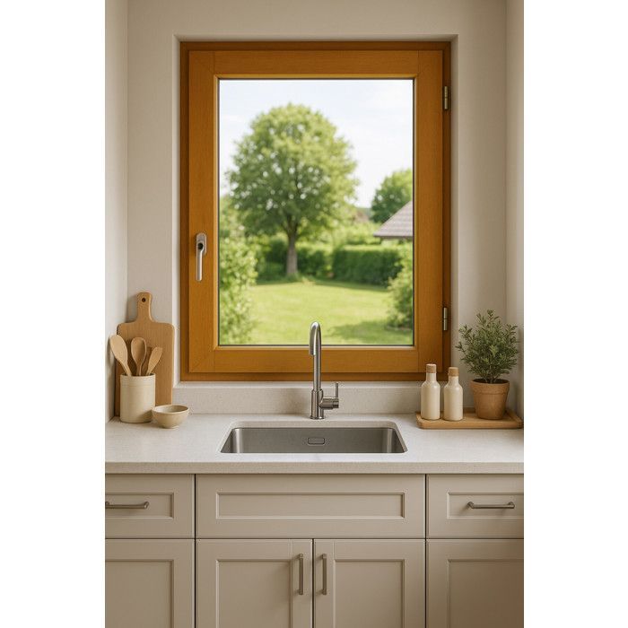 Ventana de madera, 1 hoja, 75 x 80 cm, apertura a la derecha.