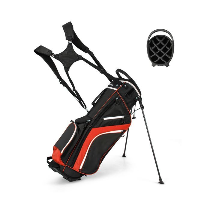COSTWAY Tripod Golf Bag - Rainproof Hood - 14-Way Top Dividers - 6 Pockets - Insulated Bag - Double Straps - Red