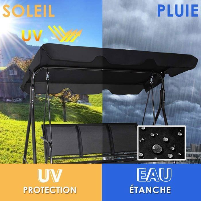 COSTWAY Balancelle de Jardin 3 Places en Polyester et Acier -Toit Anti-UV Réglable pour Balcon,Terrasse 170x 110 x 150CM Noir