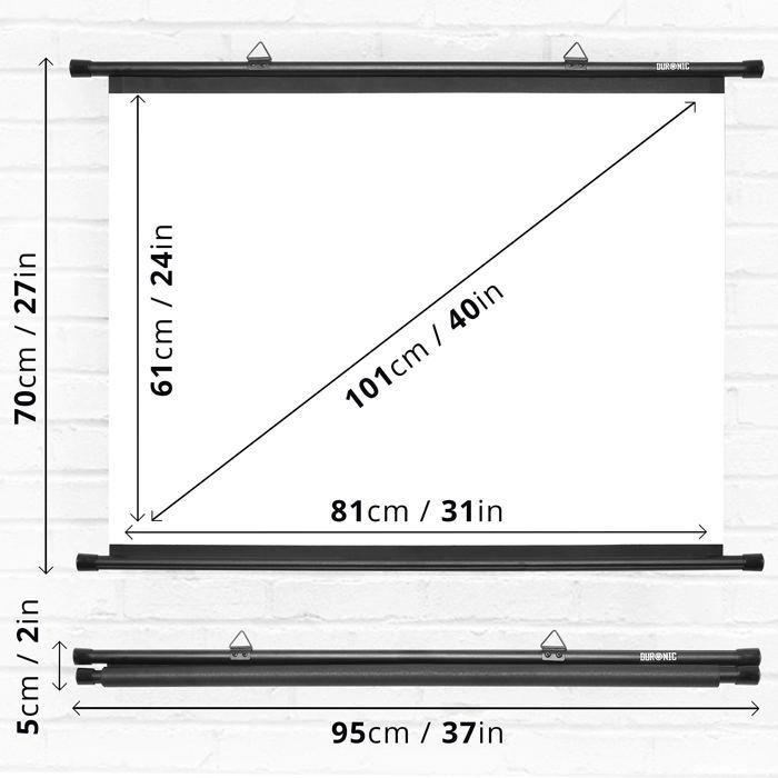 Tela de projeção Duronic BPS40/43 com barras e ganchos para projetor de vídeo - Tela de 40 polegadas ou 102 cm (81 x 61 cm)