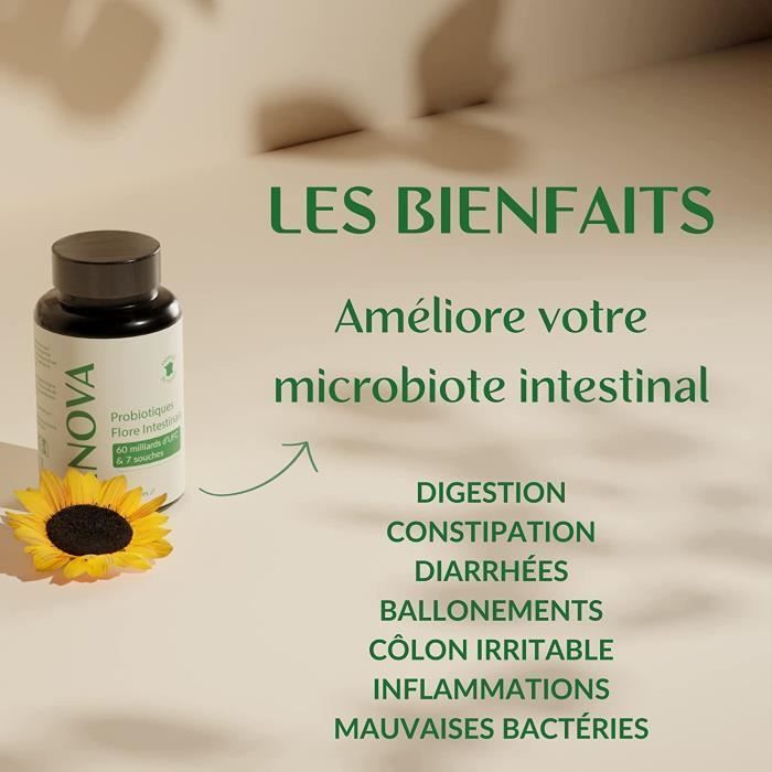 Probiotique Flore intestinale - Ferments Lactiques 60 milliards UFC - 60 gélules - Fabriqué en France - Complément Alimentaire
