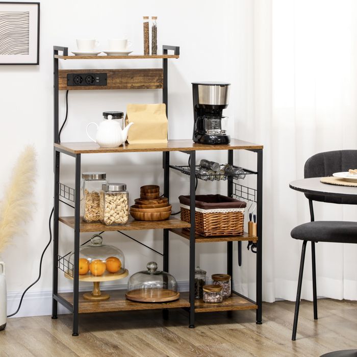 Etagère de cuisine avec prises intégrées, armoire de cuisine pour micro-ondes avec étagères et panier en maille, industriel, marron
