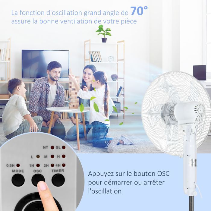 Ventilador de pedestal potente - HOMCOM - 45 W - altura regulable de 110 a 124 cm - mando a distancia - 3 velocidades, oscilación y temporizador
