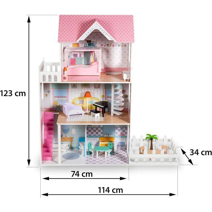 Grande casa delle bambole in legno per bambini - Mamabrum - Illuminazione a LED 123x34x114 cm, 3 piani, terrazza - Gioco di ruolo