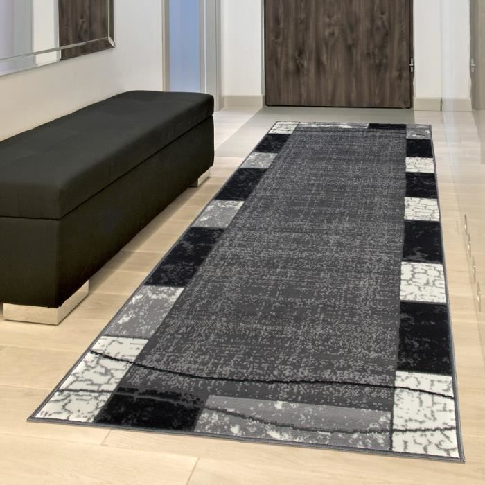 TAPISO Tapis de Couloir Poil Court DREAM Gris Noir Marbré Polypropylène Intérieur 70x250 cm