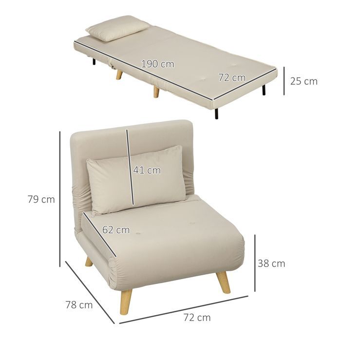Sofá cama, sillón plegable con función de cama, cojines decorativos, sillón de relajación plegable con respaldo ajustable.