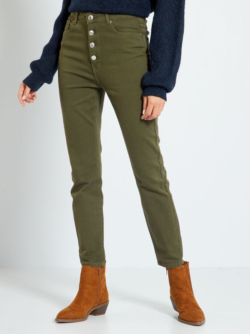 Calças de sarja skinny de cintura alta - Cáqui