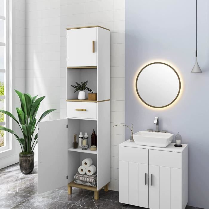Mobiletto da bagno alto EUGAD con piedini, colonna contenitore con 2 ante e 1 cassetto, bianco 39x30x179 cm, 0169WY