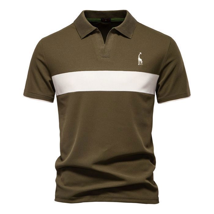 Kurzarm-Poloshirt für Herren mit V-Ausschnitt und Hirschstickerei, lässiges Sommer-Poloshirt, normale Passform, Kontrastfarbe – EU-Größe – Militärgrün