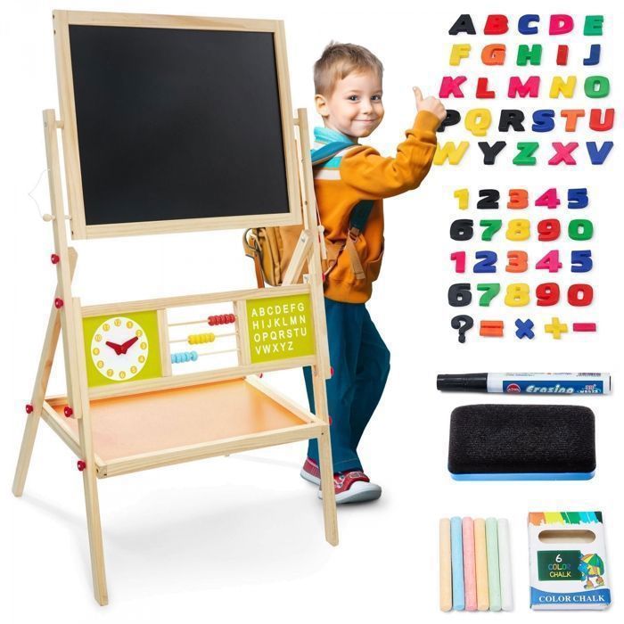 Caballete de madera para niños 98x45x42cm - 2 caras - Pizarra blanca magnética y tiza - Caballete para niños con reloj, alfabeto y
