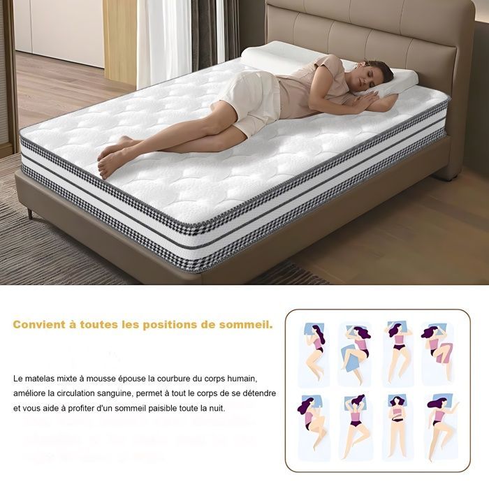 Colchón de 90x200 cm - Grosor 25 cm | Híbrido - Muelles ensacados + espuma viscoelástica - Firmeza media | Certificado Oeko-Tex®
