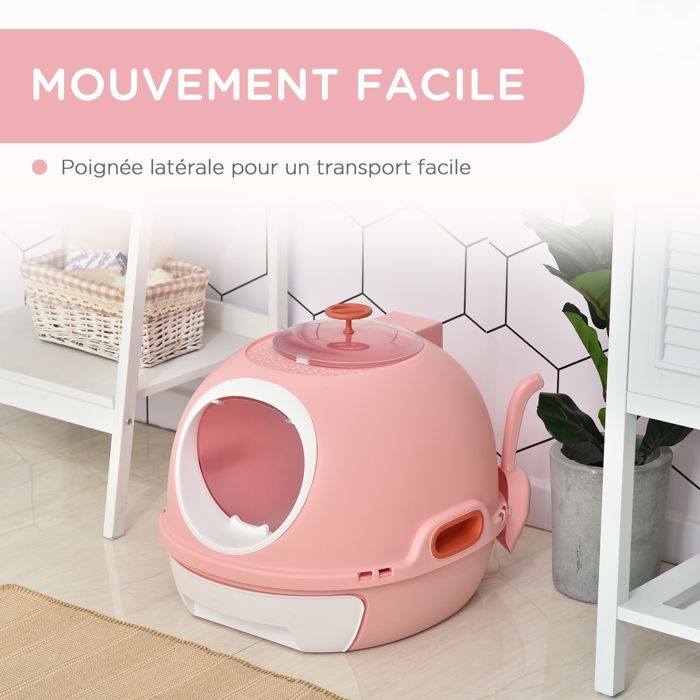 Arenero portátil para gatos con cajón deslizante, puerta con bisagras y ventana + pala incluida, color rosa.