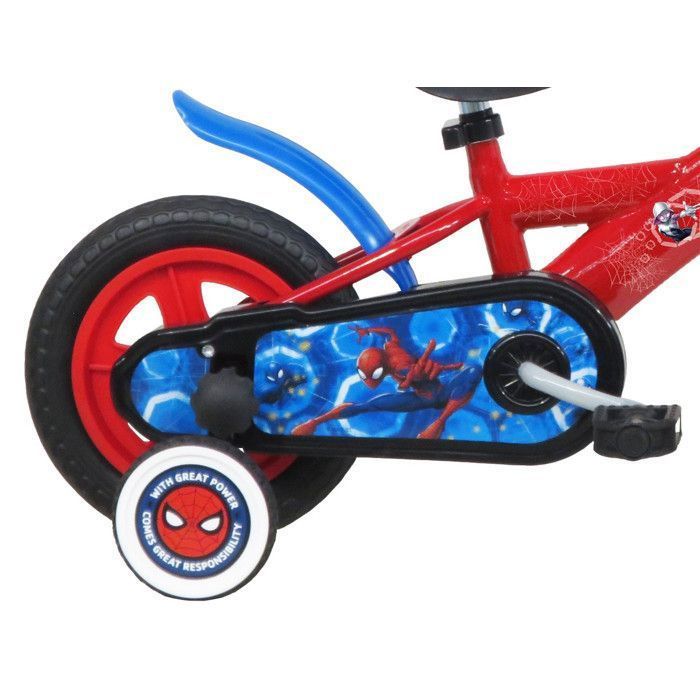 Bicicleta infantil SPIDERMAN de 10 pulgadas: placa frontal decorativa, 1 freno, guardabarros, protector de cadena, ruedas con radios y 2 ruedines.