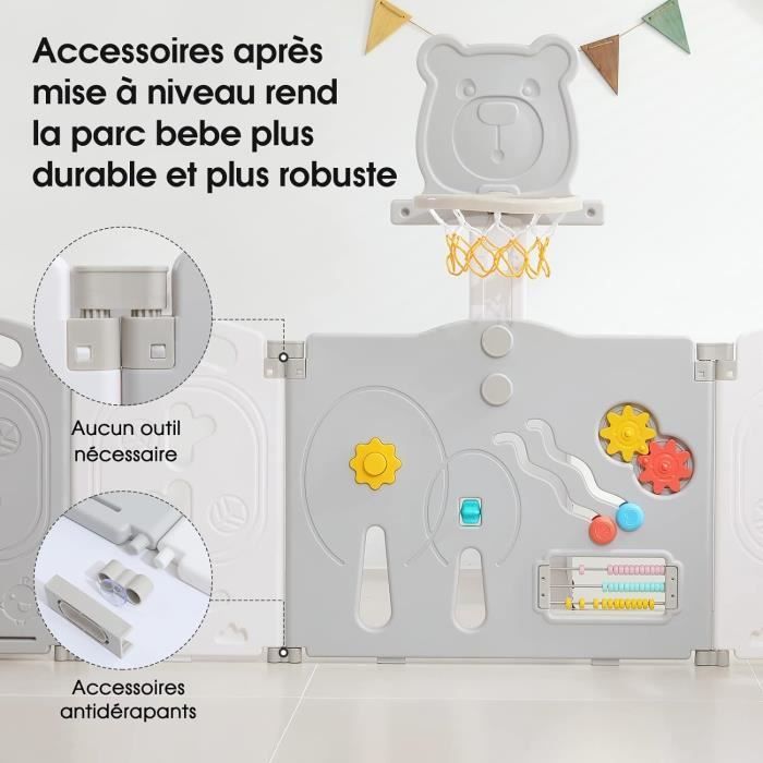 Parc Bébé 10 Panneaux Pliable, parc bebe modulable avec Panier de Basket, Parc pour enfants en Plastique,113×113 cm, Gris