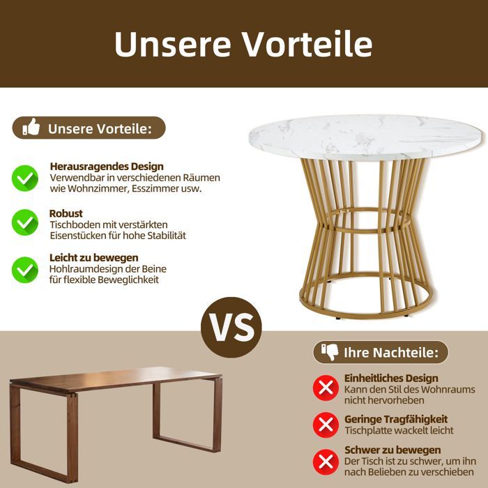 Table de Cuisine - Marbre Moderne - Pied Métal Doré - Diamètre 100 cm - Design Contemporain