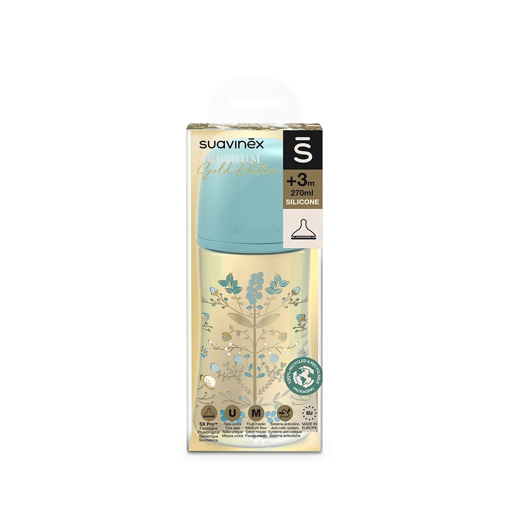 Mamadeira Suavinex Gold de silicone, azul, 270 ml