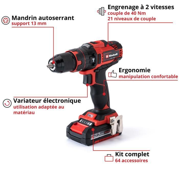 Einhell TE-CD 18/40 Li-i Cordless Impact Drill Driver + 64 Accessories PXC (18V) Supplied with 2 x 2Ah Batteries, Charger