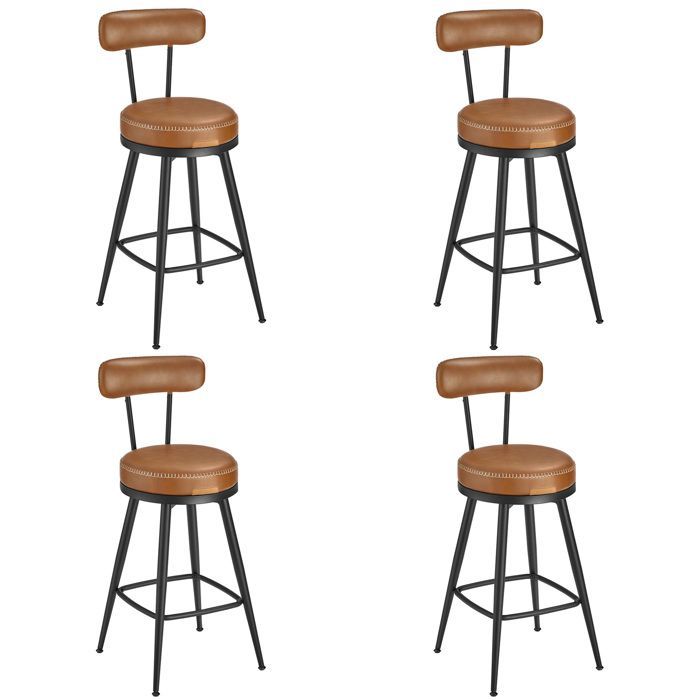 Bar stool, set of 4, padded seat, PU with stitching, mid-century modern style, 65 cm high, caramel brown