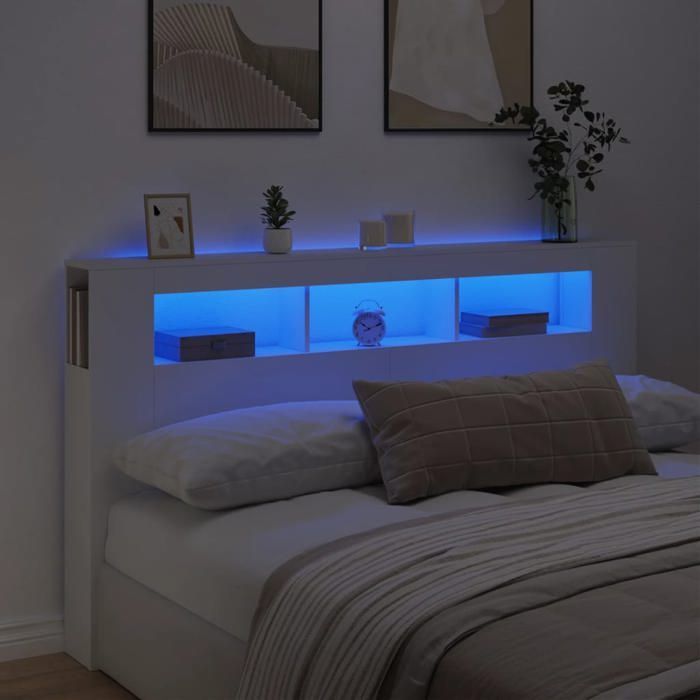 vidaXL Tête de Lit à LED, Panneau avec Rangement, Accessoire de Lit, Tête de Cadre de Lit Chambre, Blanc 180x18,5x103,5 cm 837358