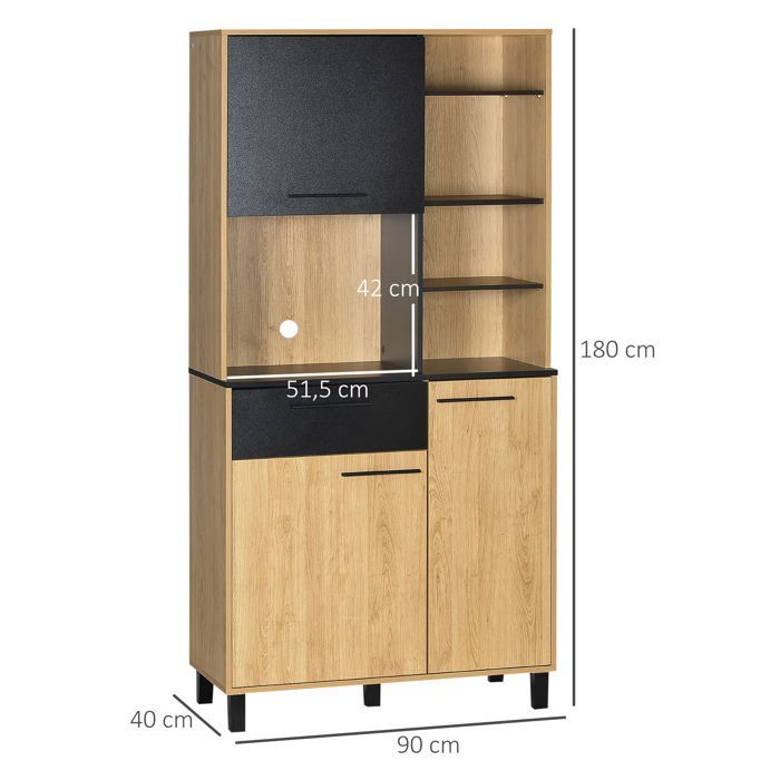 Aparador de cocina - HOMCOM - mueble multifuncional con 1 cajón, 3 armarios y 4 nichos para la gestión de cables - madera - altura 180 cm
