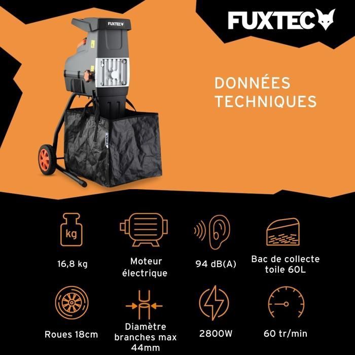 Broyeur de végétaux électrique FUXTEC FX-EGH2800T - 2800W rouleaux silencieux 92 dB, bac toile 60L, coupe branches Ø44mm