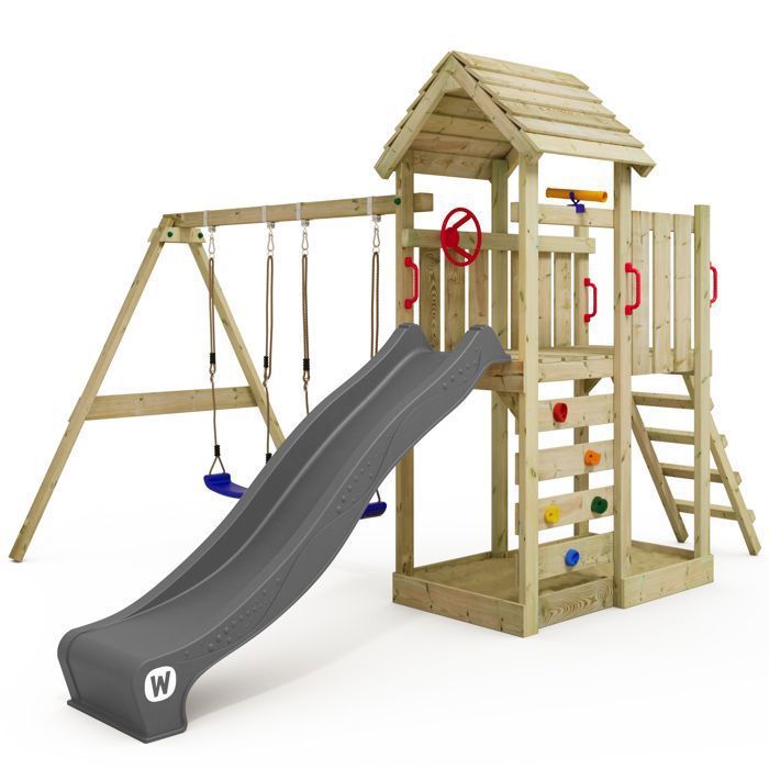 WICKEY MultiFlyer houten speeltoestel met houten dak, dubbele schommel en glijbaan van 220 cm, antraciet – 10 jaar garantie*