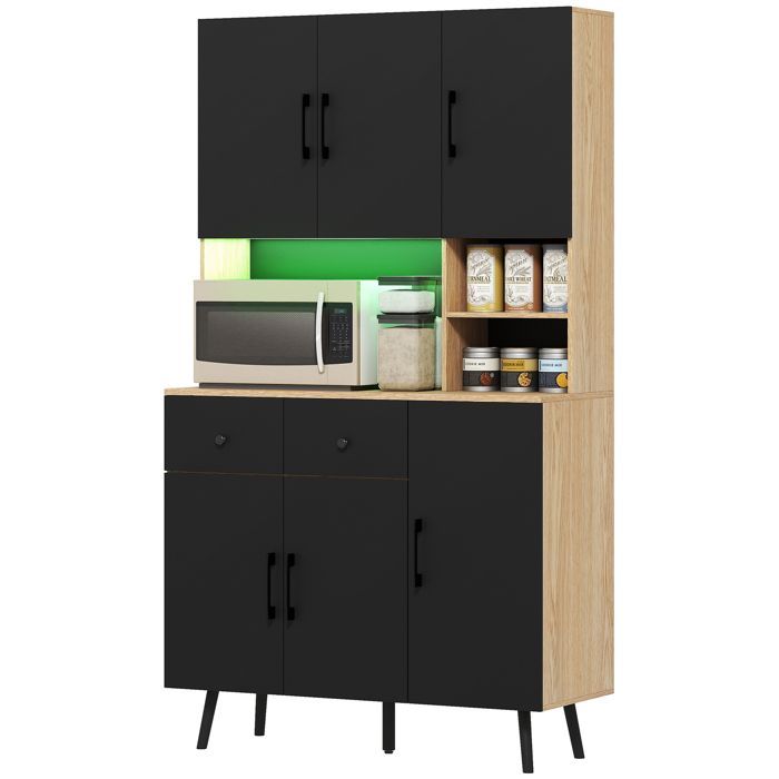 Keukendressoir, hoge opbergkast met RGB LED-verlichting, werkblad, 6 deuren, 2 lades, 100x40x176cm, zwart