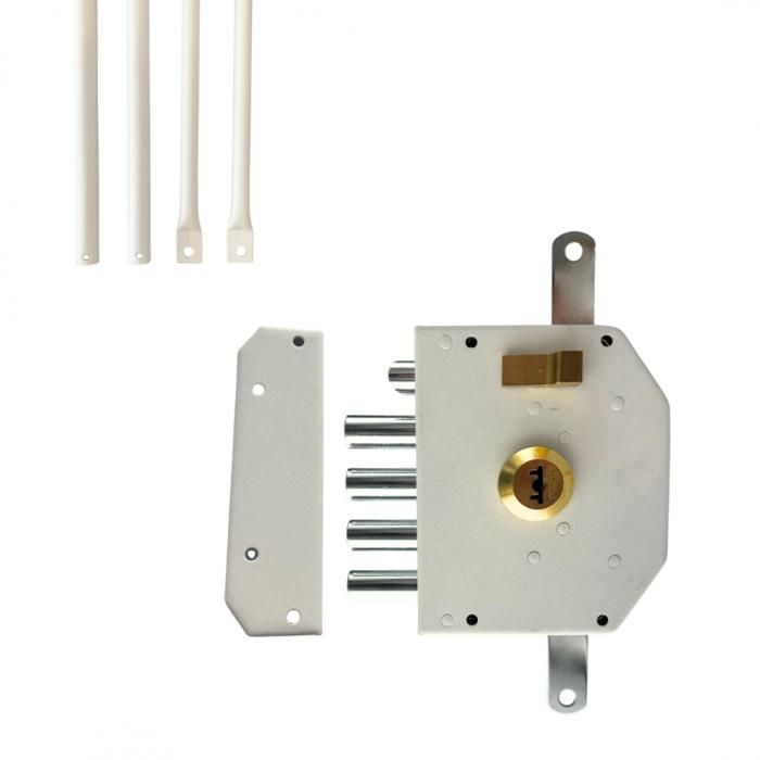Serrure de sûreté pour porte d'entrée avec tringles  En Applique  6 points  Blanc  Gauche  Axe 60 mm  5 clés