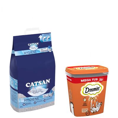 Confezione multipla da 20 litri di lettiera Catsan Hygiene Plus + snack per gatti Dreamies!*