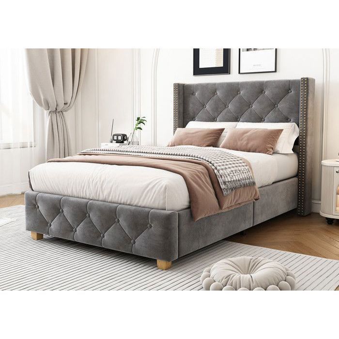 Cama individual tapizada - TKOPY - Cama infantil de 90x200 cm, cama juvenil con somier de láminas, terciopelo gris