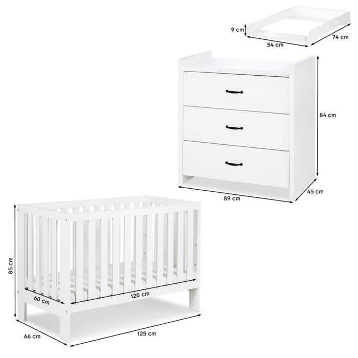 Set per neonati AMELIA II: fasciatoio e lettino trasformabile 120x60 cm, bianco (senza cassetto)