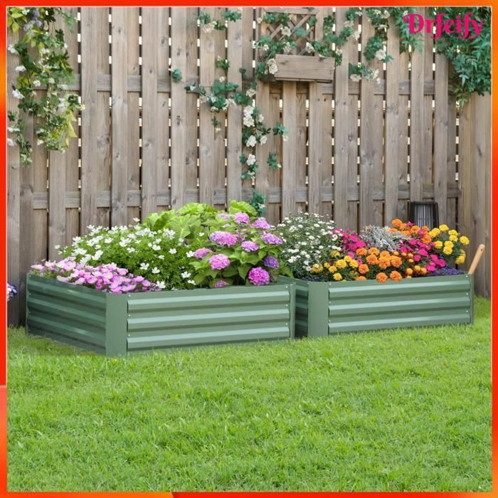 8147 Juego de 2 jardineras elevadas, dimensiones 100 cm de largo x 100 cm de ancho x 30 cm de alto - chapa de acero corrugado verde