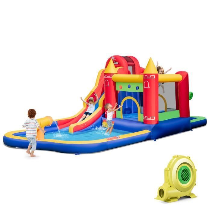 COSTWAY 9-in-1 Inflatable Castle for Children, with 680W Blower, 50 Colourful Balls, Water Slide, 624 x 270 x 235 cm