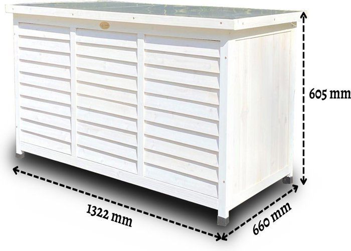 Cassapanca da giardino in legno Rijoka - Cassapanca portaoggetti - Tetto in metallo - 380 L - 1322 x 660 x 605 mm - Bianca