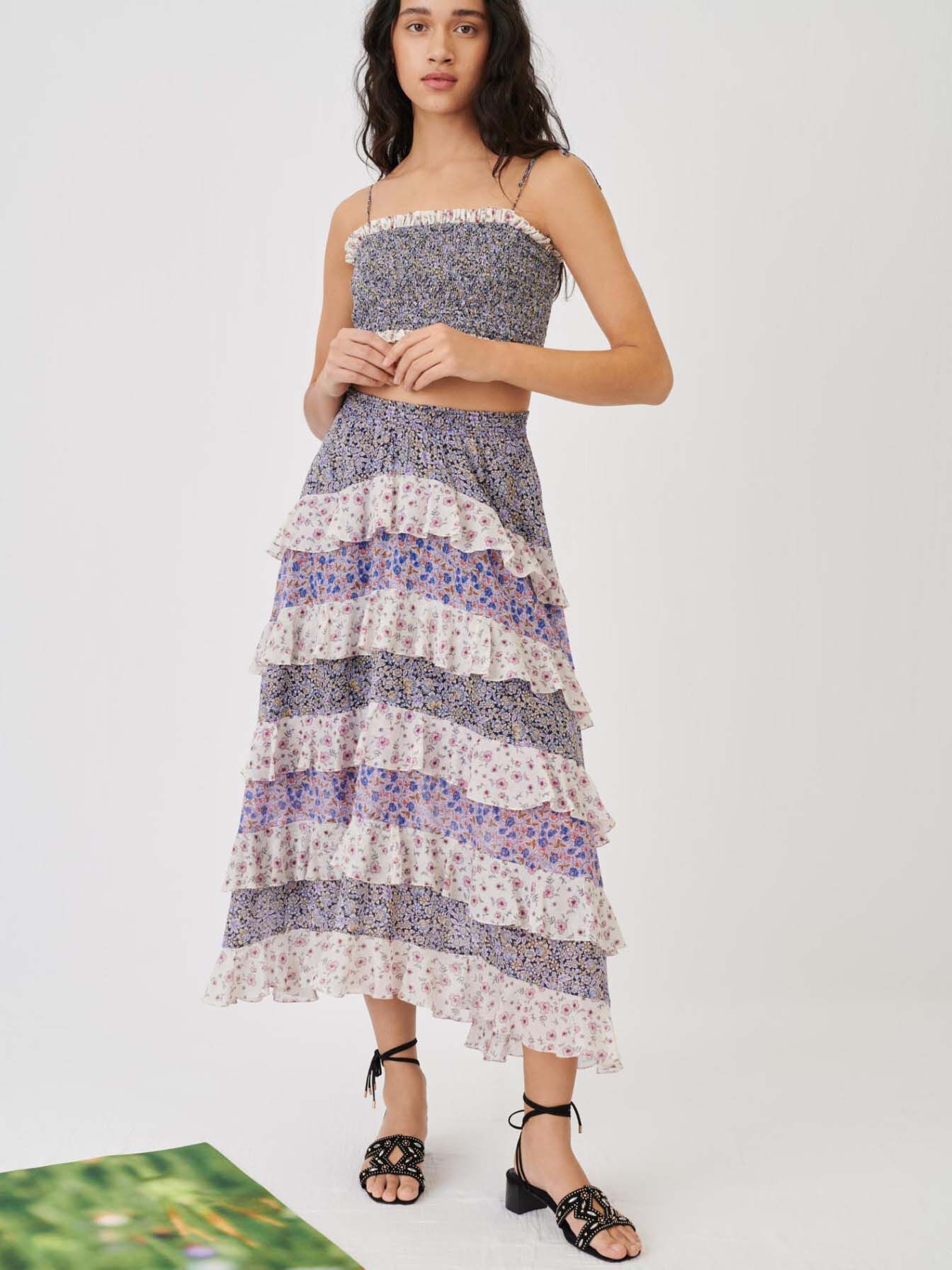 Lange rok met print en ruches - Blauw