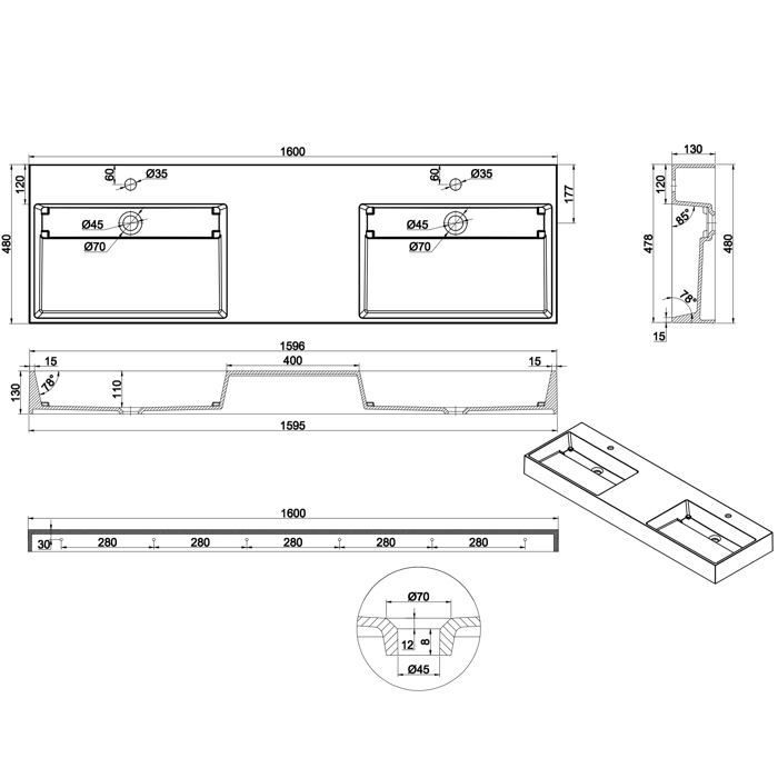 doporro Double lavabo suspendu blanc 160cm double vasque à poser lave mains rectangulaire de qualité pour salle de bain Colossum12