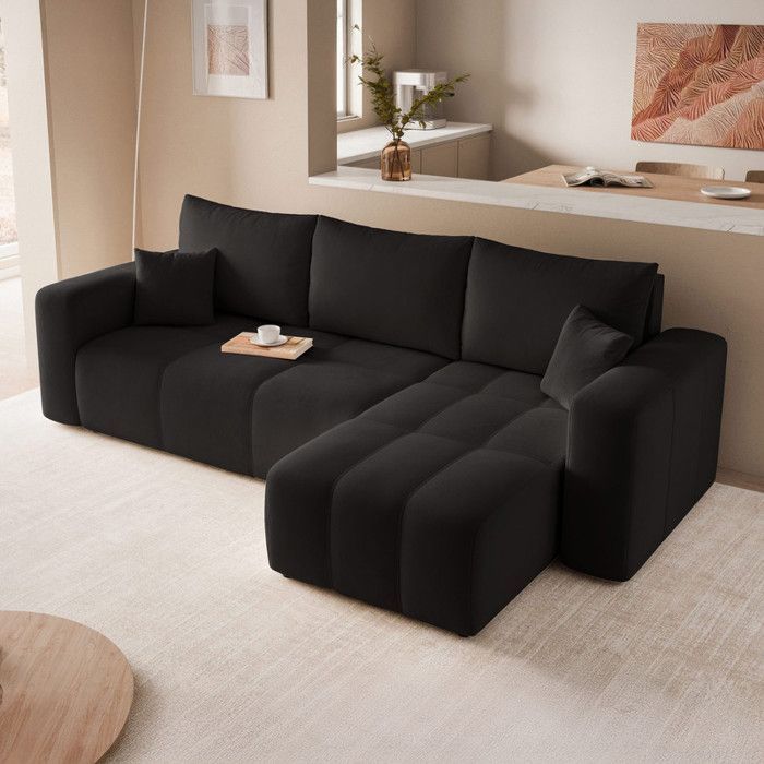 Sofá esquinero reversible PEDRO - 4 plazas - Sofá convertible con almacenamiento - Tela de terciopelo - Antracita