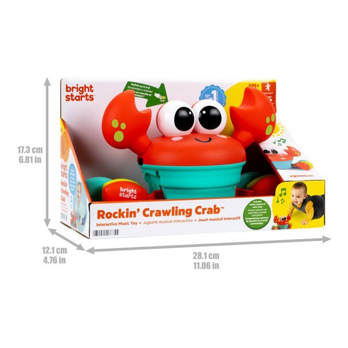 BRIGHT STARTS Loopkrab, Babyspeelgoed 6M+, Muzikaal speelgoed, Speelgoed voor grove en fijne motoriek, Obstakelsensoren, Rood