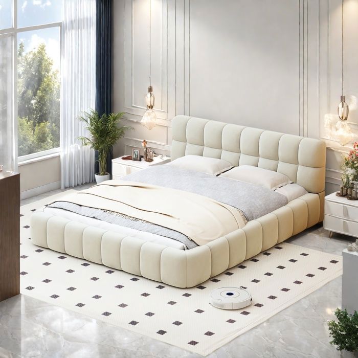 Lit adulte - TANANT - Lit double rembourré moderne - 140 x 190 cm - Tissu en lin beige - Design contemporain