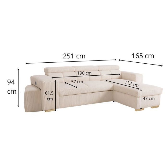 Sofá cama esquinero reversible SIRIUS, blanco PERLE (pana) - Talla M - 4/5 plazas - 251 x 165 x 94 cm
