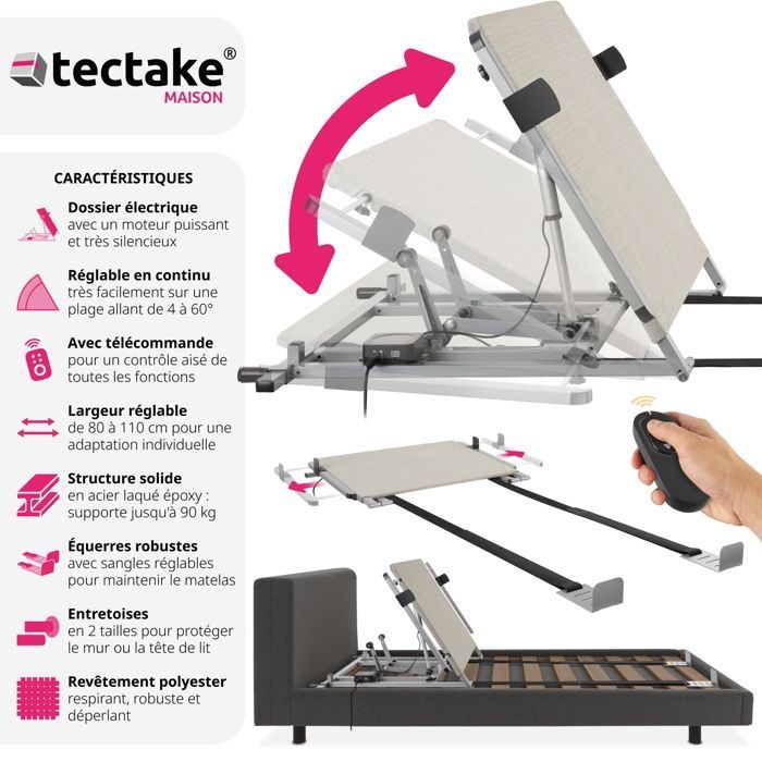 Bedframe - TECTAKE - COSY GLIDE elektrische rugleuning met traploos verstelbare lattenbodem en stille motor - 110 x 243 x 62 cm