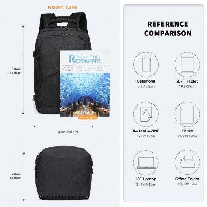 Mochila Kono de 40x20x25cm, bolsa de viaje Ryanair de 20L, equipaje de mano para debajo del asiento del avión, para mujeres y hombres, color negro.