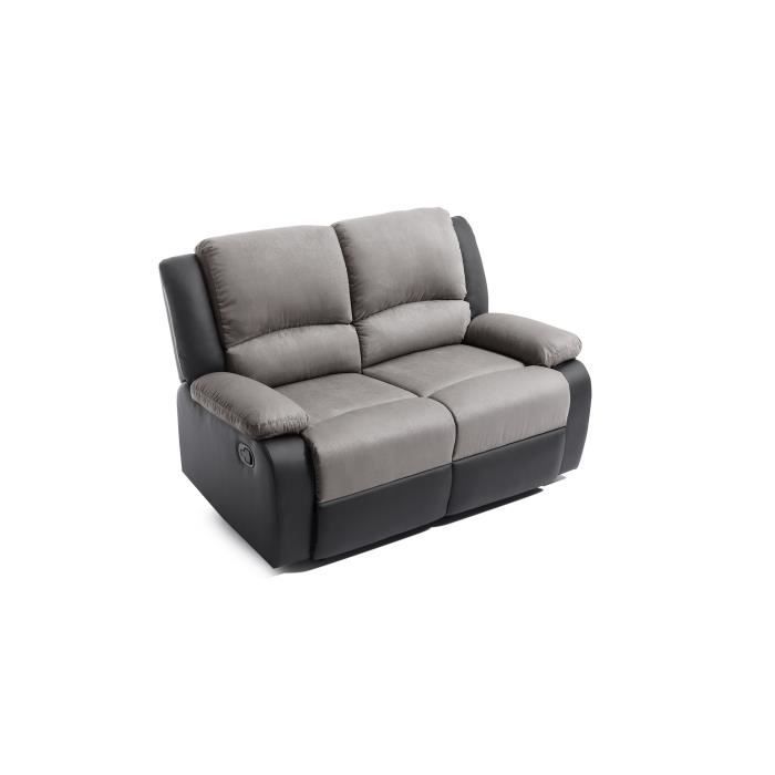 Sofá reclinable de 2 plazas LEO en microfibra y piel sintética - Gris y negro - 143 x 93 x 96 cm - LOUNGITUDE