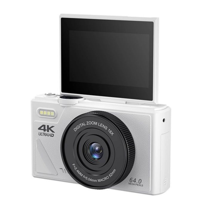 Fotocamera digitale, 4K, zoom 18x, sensore da 64 megapixel, schermo orientabile, funzione timer, scatto continuo, bianca